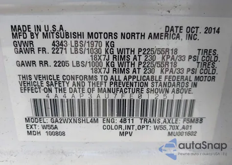 2015 Mitsubishi Outlander Sport Es из США, поврежденный, VIN 4A4AP3AU7FE012511